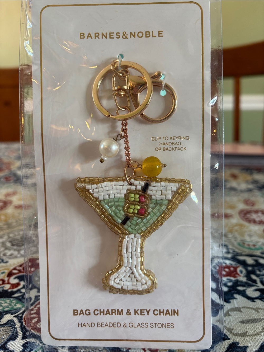 Barnes & Noble White, Green & Gold Beaded Martini Bag Charm Keychain